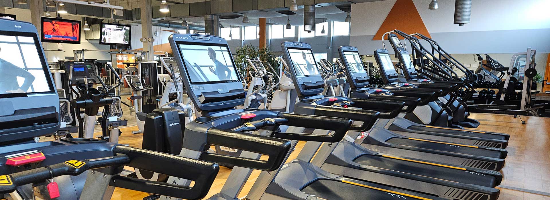 Moderne Laufbänder mit Bildschirm im Cardio-Bereich
